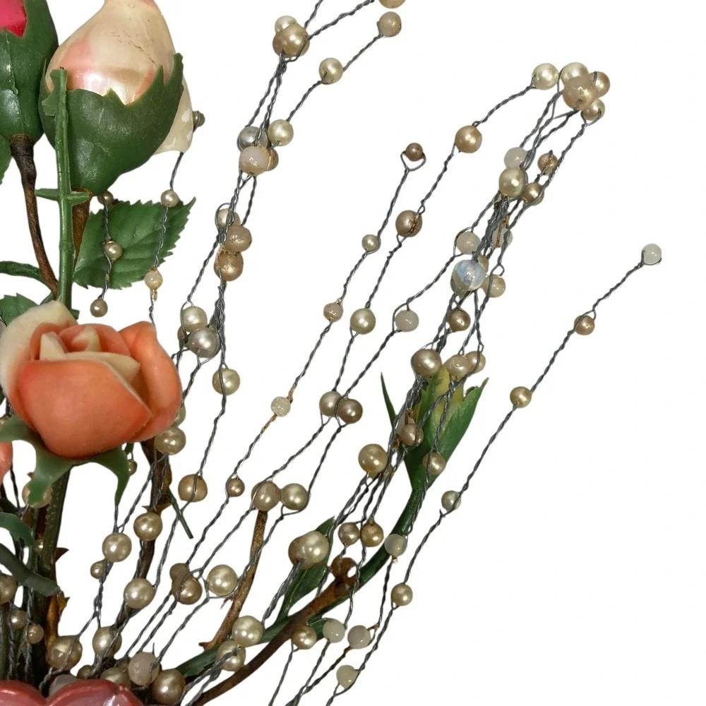 VTG Floral Arrangement Roses Pearl‎ Beads Decorative Bouquet Display Handcrafted